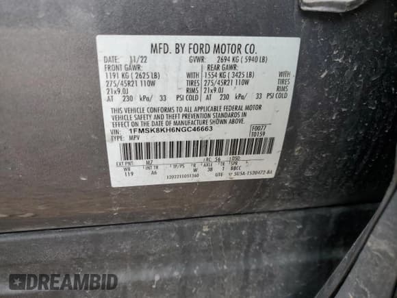 ✅ 2022 Ford Explorer ST-Line • VIN: 1FMSK8KH6NGC46663 • Lot: 46060605. Listed on Copart with 41,304 mi. Free auction sales archive from the USA and detailed vehicle history report at DreamBid. Image 14.