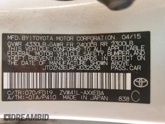 ✅ 2015 Toyota Prius Two • VIN: JTDZN3EU4FJ032538 • Lot: 84005895. Listed on Copart with Not provided. Free auction sales archive from the USA and detailed vehicle history report at DreamBid. Image 13.