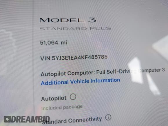 ✅ 2019 Tesla Model 3 Mid Range • VIN: 5YJ3E1EA4KF485785 • Лот: 43609905. Опубликован ранее на IAAI с пробегом 51 064 миль. Бесплатный доступ к архиву аукционных продаж из США и подробный отчёт об истории автомобиля на DreamBid. Изображение 16.
