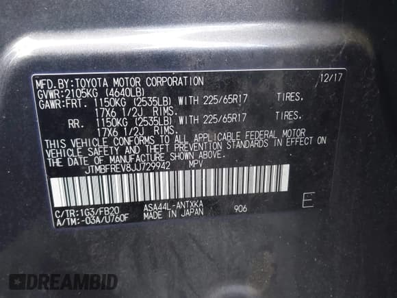 ✅ 2018 Toyota RAV4 LE • VIN: JTMBFREV8JJ729942 • Lot: 43557394. Listed on IAAI with 108,053 mi. Free auction sales archive from the USA and detailed vehicle history report at DreamBid. Image 9.