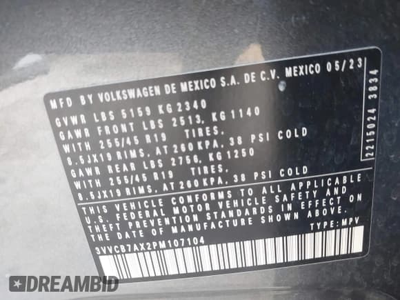 ✅ 2023 Volkswagen Tiguan SE R-Line Black • VIN: 3VVCB7AX2PM107104 • Lot: 42313212. Listed on IAAI with 27,500 mi. Free auction sales archive from the USA and detailed vehicle history report at DreamBid. Image 9.