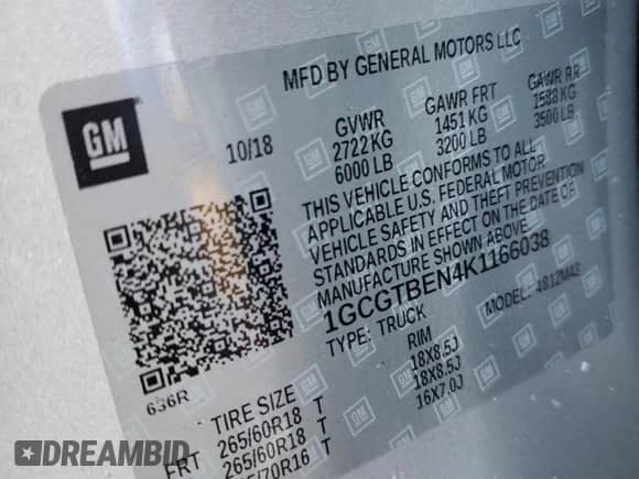 2019 Chevrolet Colorado 4WD Work Truck с VIN 1GCGTBEN4K1166038, выставлен на аукционе Copart как лот 71398775 с пробегом Не указан миль и Списание • Salvage title. История ставок и продаж доступна на DreamBid. Изображение 13.