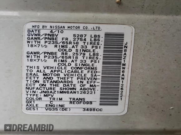 ✅ 2010 Nissan Murano LE • VIN: JN8AZ1MW6AW126221 • Lot: 92924395. Listed on Copart with 115,480 mi. Free auction sales archive from the USA and detailed vehicle history report at DreamBid. Image 13.