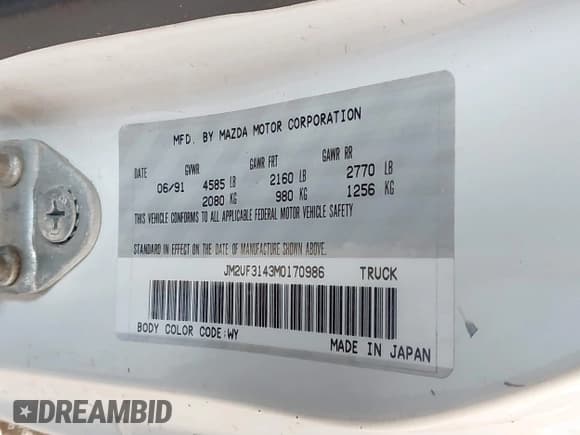 ✅ 1991 Mazda B-Series • VIN: JM2UF3143M0170986 • Лот: 42244053. Опубликован ранее на IAAI с пробегом 144 329 миль. Бесплатный доступ к архиву аукционных продаж из США и подробный отчёт об истории автомобиля на DreamBid. Изображение 9.