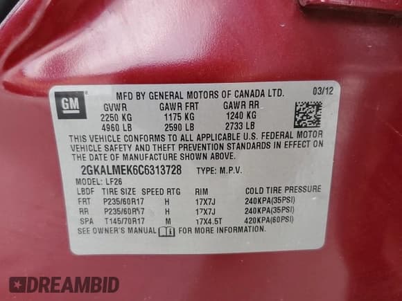 ✅ 2012 GMC Terrain SLE-1 • VIN: 2GKALMEK6C6313728 • Lot: 71252185. Listed on Copart with 145,229 mi. Free auction sales archive from the USA and detailed vehicle history report at DreamBid. Image 13.