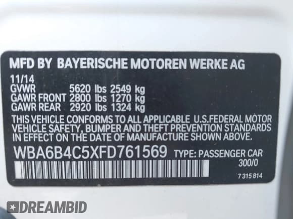 ✅ 2015 BMW 6 Series 650i xDrive • VIN: WBA6B4C5XFD761569 • Lot: 42646861. Listed on IAAI with 55,306 mi. Free auction sales archive from the USA and detailed vehicle history report at DreamBid. Image 9.