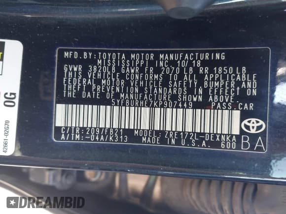 ✅ 2019 Toyota Corolla L • VIN: 5YFBURHE7KP907449 • Лот: 43324163. Опубликован ранее на IAAI с пробегом 123 915 миль. Бесплатный доступ к архиву аукционных продаж из США и подробный отчёт об истории автомобиля на DreamBid. Изображение 9.