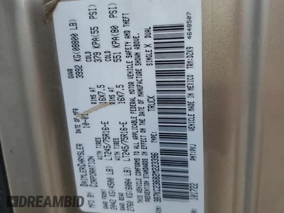 ✅ 2002 Dodge 2500 • VIN: 3B7KC23682M223396 • Lot: 68837305. Listed on Copart with 193,184 mi. Free auction sales archive from the USA and detailed vehicle history report at DreamBid. Image 12.