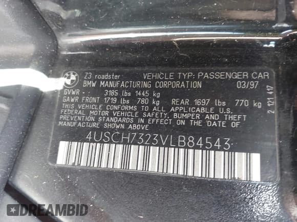 ✅ 1997 BMW 3 Series Z3 1.9 • VIN: 4USCH7323VLB84543 • Лот: 43893152. Опубликован ранее на IAAI с пробегом 113 386 миль. Бесплатный доступ к архиву аукционных продаж из США и подробный отчёт об истории автомобиля на DreamBid. Изображение 9.