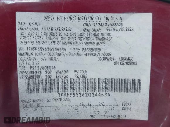 ✅ 2002 Ford Taurus SES Standard • VIN: 1FAFP55262G244684 • Lot: 42823919. Listed on IAAI with 164,232 mi. Free auction sales archive from the USA and detailed vehicle history report at DreamBid. Image 9.