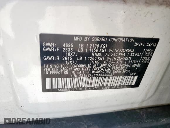 ✅ 2018 Subaru Outback Touring • VIN: 4S4BSATC9J3359082 • Лот: 61079985. Опубликован ранее на Copart с пробегом 97 028 миль. Бесплатный доступ к архиву аукционных продаж из США и подробный отчёт об истории автомобиля на DreamBid. Изображение 13.