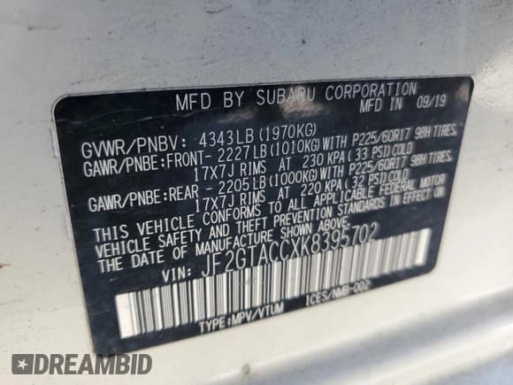 ✅ 2019 Subaru Crosstrek Premium • VIN: JF2GTACCXK8395702 • Lot: 89618265. Listed on Copart with 98,305 mi. Free auction sales archive from the USA and detailed vehicle history report at DreamBid. Image 13.