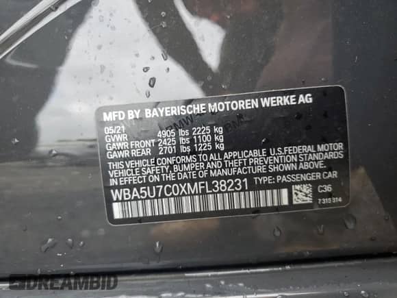 2021 BMW 3 Series M340i with VIN WBA5U7C0XMFL38231, listed as a Copart auction lot 65419024 with Not provided miles and Salvage title. Bid and sale history available at DreamBid. Image 12.