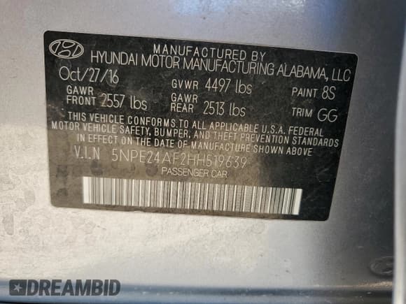 ✅ 2017 Hyundai Sonata SE • VIN: 5NPE24AF2HH519639 • Lot: 83976905. Listed on Copart with Not provided. Free auction sales archive from the USA and detailed vehicle history report at DreamBid. Image 13.