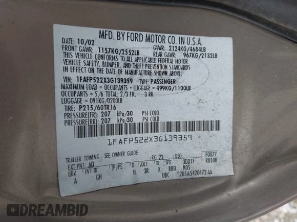 ✅ 2003 Ford Taurus LX • VIN: 1FAFP522X3G139359 • Lot: 43767410. Wystawiony na IAAI z przebiegiem 70 630 mil. Bezpłatny archiwum sprzedaży aukcyjnych z USA i szczegółowy raport historii pojazdu na DreamBid. Zdjęcie 9.
