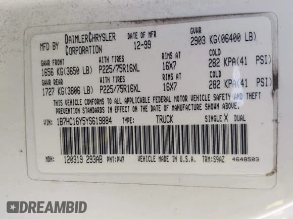 ✅ 2000 Dodge 1500 • VIN: 1B7HC16Y5YS619884 • Lot: 43564807. Listed on IAAI with 116,219 mi. Free auction sales archive from the USA and detailed vehicle history report at DreamBid. Image 9.