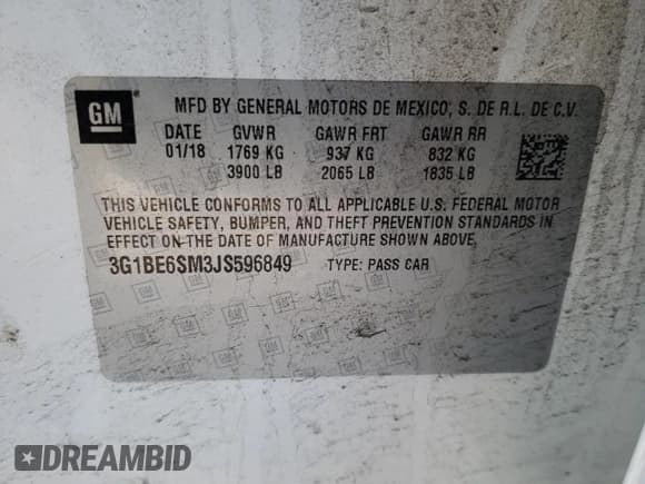 ✅ 2018 Chevrolet Cruze LT • VIN: 3G1BE6SM3JS596849 • Lot: 37908013. Listed on Copart with 94,464 mi. Free auction sales archive from the USA and detailed vehicle history report at DreamBid. Image 12.