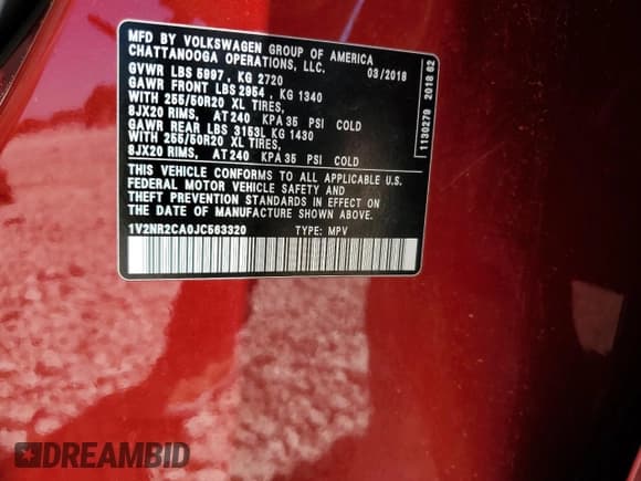 ✅ 2018 Volkswagen Atlas SEL Premium • VIN: 1V2NR2CA0JC563320 • Lot: 53713305. Listed on Copart with 78,487 mi. Free auction sales archive from the USA and detailed vehicle history report at DreamBid. Image 12.