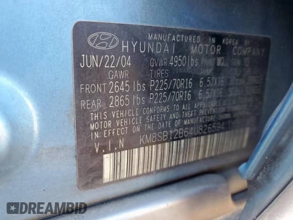 2004 Hyundai Santa Fe with VIN KM8SB12B64U826594, listed as a Copart auction lot 90612545 with 101,208 mi miles and Salvage title. Bid and sale history available at DreamBid. Image 12.