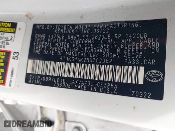 ✅ 2022 Toyota Camry XSE • VIN: 4T1K61AK2NU702362 • Lot: 41963393. Listed on IAAI with 13,541 mi. Free auction sales archive from the USA and detailed vehicle history report at DreamBid. Image 9.