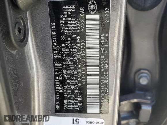 ✅ 2018 Toyota Camry XLE • VIN: 4T1B11HK1JU157799 • Lot: 91577745. Wystawiony na Copart z przebiegiem 89 858 mil. Bezpłatny archiwum sprzedaży aukcyjnych z USA i szczegółowy raport historii pojazdu na DreamBid. Zdjęcie 12.