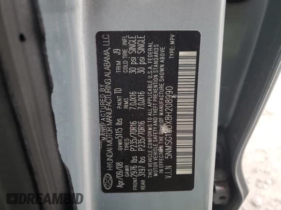 ✅ 2008 Hyundai Santa Fe GLS • VIN: 5NMSG13DX8H208990 • Lot: 80879294. Listed on Copart with 178,945 mi. Free auction sales archive from the USA and detailed vehicle history report at DreamBid. Image 13.