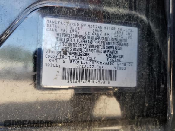 ✅ 2017 Nissan Sentra SR • VIN: 3N1AB7AP9HL693395 • Lot: 61348825. Listed on Copart with 171,927 mi. Free auction sales archive from the USA and detailed vehicle history report at DreamBid. Image 12.