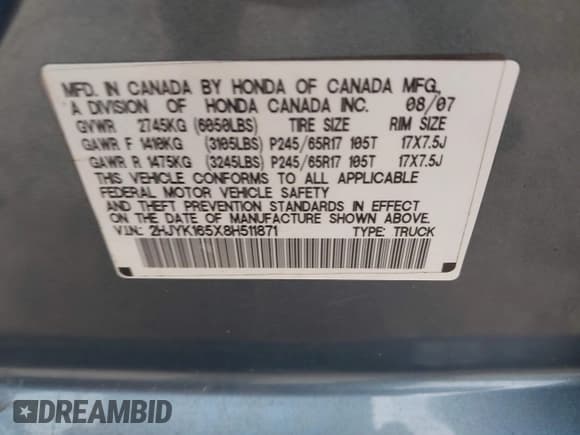 ✅ 2008 Honda Ridgeline RTL • VIN: 2HJYK165X8H511871 • Лот: 43552758. Опубликован ранее на IAAI с пробегом 189 677 миль. Бесплатный доступ к архиву аукционных продаж из США и подробный отчёт об истории автомобиля на DreamBid. Изображение 9.