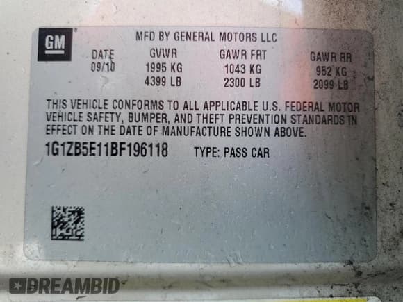 ✅ 2011 Chevrolet Malibu 1LS • VIN: 1G1ZB5E11BF196118 • Lot: 68536004. Listed on Copart with 89,320 mi. Free auction sales archive from the USA and detailed vehicle history report at DreamBid. Image 12.