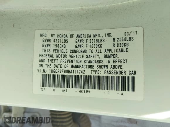 ✅ 2017 Honda Accord EX-L • VIN: 1HGCR2F89HA194742 • Lot: 43513490. Listed on IAAI with 91,048 mi. Free auction sales archive from the USA and detailed vehicle history report at DreamBid. Image 9.