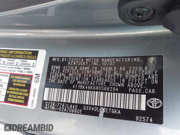 ✅ 2008 Toyota Camry LE • VIN: 4T1BK46K68U566294 • Lot: 42756278. Wystawiony na IAAI z przebiegiem 226 902 mil. Bezpłatny archiwum sprzedaży aukcyjnych z USA i szczegółowy raport historii pojazdu na DreamBid. Zdjęcie 9.