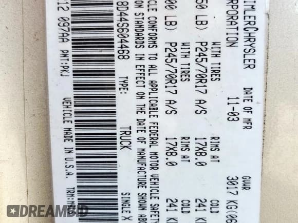 ✅ 2004 Dodge 1500 SLT • VIN: 1D7HA18D44S604468 • Lot: 92676515. Listed on Copart with 227,014 mi. Free auction sales archive from the USA and detailed vehicle history report at DreamBid. Image 12.