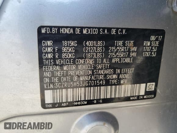 ✅ 2018 Honda HR-V EX • VIN: 3CZRU5H53JG701549 • Lot: 81085345. Wystawiony na Copart z przebiegiem 122 435 mil. Bezpłatny archiwum sprzedaży aukcyjnych z USA i szczegółowy raport historii pojazdu na DreamBid. Zdjęcie 12.