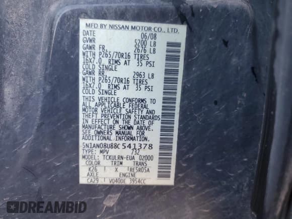 ✅ 2008 Nissan Xterra S • VIN: 5N1AN08U88C541378 • Lot: 61332075. Listed on Copart with Not provided. Free auction sales archive from the USA and detailed vehicle history report at DreamBid. Image 14.