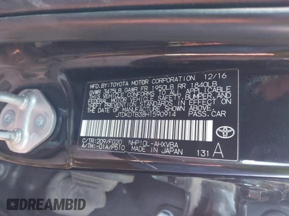✅ 2017 Toyota Prius One • VIN: JTDKDTB38H1590914 • Lot: 40650378. Listed on IAAI with 94,262 mi. Free auction sales archive from the USA and detailed vehicle history report at DreamBid. Image 9.