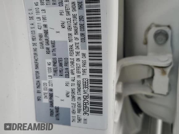 ✅ 2020 Mazda 3 Select • VIN: 3MZBPBCM9LM138553 • Лот: 57683675. Опубликован ранее на Copart с пробегом 39 907 миль. Бесплатный доступ к архиву аукционных продаж из США и подробный отчёт об истории автомобиля на DreamBid. Изображение 12.