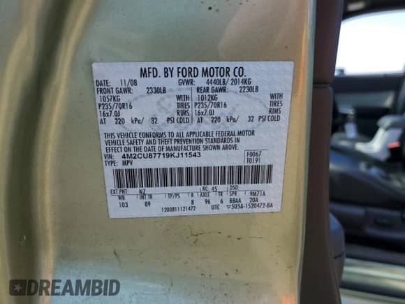 2009 Mercury Mariner Premier с VIN 4M2CU87719KJ11543, выставлен на аукционе Copart как лот 69211745 с пробегом 169 164 миль миль и Чистый • Clean title. История ставок и продаж доступна на DreamBid. Изображение 13.