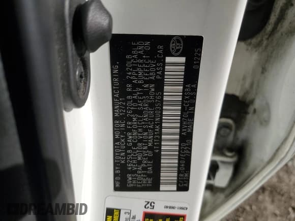 ✅ 2022 Toyota Camry Hybrid SE • VIN: 4T1T31AK1NU035765 • Lot: 84970985. Listed on Copart with 220,232 mi. Free auction sales archive from the USA and detailed vehicle history report at DreamBid. Image 12.