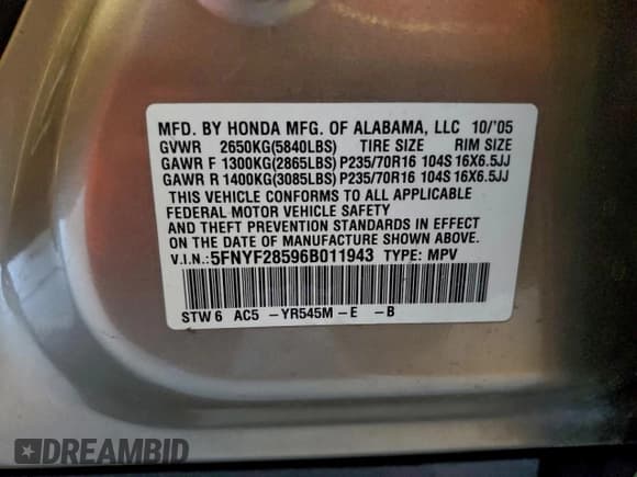 ✅ 2006 Honda Pilot EX-L • VIN: 5FNYF28596B011943 • Lot: 94413505. Listed on Copart with 274,588 mi. Free auction sales archive from the USA and detailed vehicle history report at DreamBid. Image 13.