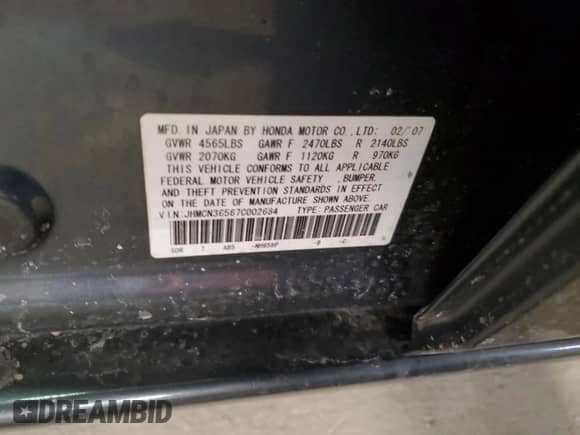 2007 Honda Accord with VIN JHMCN36567C002684, listed as a Copart auction lot 46035345 with 189,574 mi miles and Salvage title. Bid and sale history available at DreamBid. Image 14.