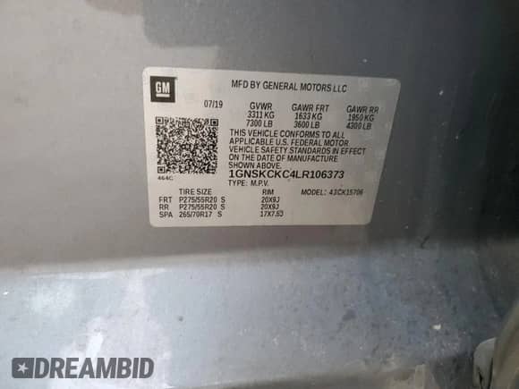 2020 Chevrolet Tahoe Premier with VIN 1GNSKCKC4LR106373, listed as a Copart auction lot 47627615 with 100,511 mi miles and Salvage title. Bid and sale history available at DreamBid. Image 13.