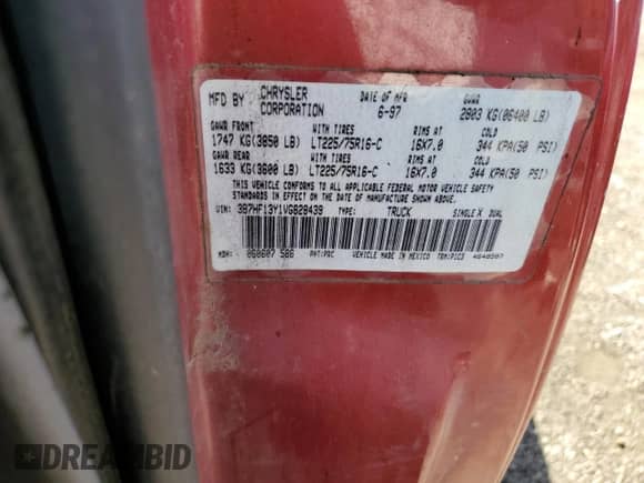 1997 Dodge 1500 with VIN 3B7HF13Y1VG828439, listed as a Copart auction lot 72064955 with Not provided miles and Clean title. Bid and sale history available at DreamBid. Image 12.