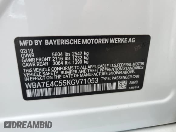 ✅ 2019 BMW 7 Series 740i xDrive • VIN: WBA7E4C55KGV71053 • Lot: 65293155. Listed on Copart with Not provided. Free auction sales archive from the USA and detailed vehicle history report at DreamBid. Image 13.