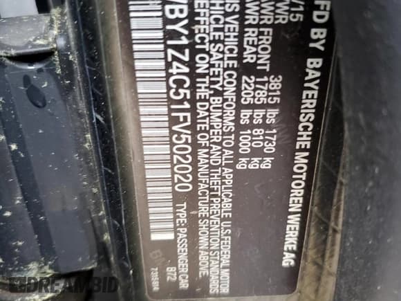 ✅ 2015 BMW i3 • VIN: WBY1Z4C51FV502020 • Lot: 54214535. Listed on Copart with Not provided. Free auction sales archive from the USA and detailed vehicle history report at DreamBid. Image 12.