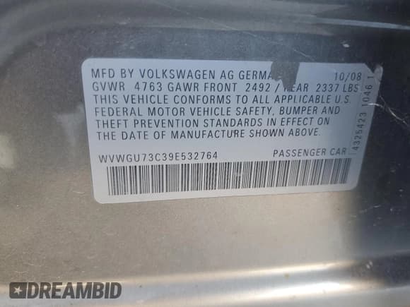 ✅ 2009 Volkswagen CC 4Motion • VIN: WVWGU73C39E532764 • Lot: 87375285. Wystawiony na Copart z przebiegiem Nie podano. Bezpłatny archiwum sprzedaży aukcyjnych z USA i szczegółowy raport historii pojazdu na DreamBid. Zdjęcie 12.