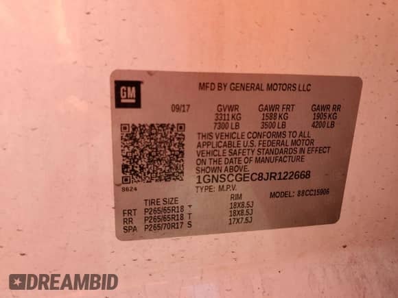 2018 Chevrolet Suburban LS z VIN 1GNSCGEC8JR122668, wystawiony jako Copart lot #44462195 z przebiegiem 222 828 mil mil oraz Czysty tytuł • Clean title. Historia ofert i sprzedaży dostępna na DreamBid. Obrazek 13.