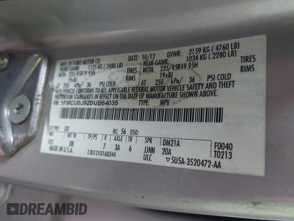 ✅ 2013 Ford Escape Titanium • VIN: 1FMCU0J92DUB64035 • Lot: 42023748. Listed on IAAI with 177,636 mi. Free auction sales archive from the USA and detailed vehicle history report at DreamBid. Image 9.