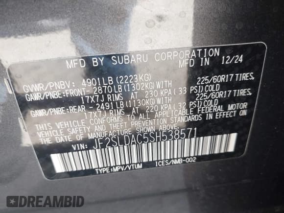 ✅ 2025 Subaru Forester • VIN: JF2SLDAC5SH538571 • Lot: 42832280. Listed on IAAI with 1,879 mi. Free auction sales archive from the USA and detailed vehicle history report at DreamBid. Image 9.