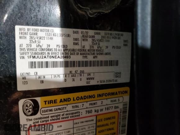 ✅ 2022 Ford Expedition Limited • VIN: 1FMJU2AT0NEA20493 • Lot: 54602275. Listed on Copart with Not provided. Free auction sales archive from the USA and detailed vehicle history report at DreamBid. Image 13.