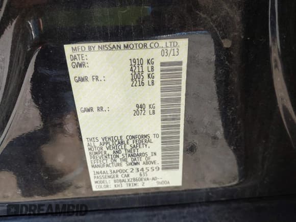 ✅ 2013 Nissan Altima SV • VIN: 1N4AL3AP0DC234559 • Lot: 43397732. Listed on IAAI with 201,740 mi. Free auction sales archive from the USA and detailed vehicle history report at DreamBid. Image 9.